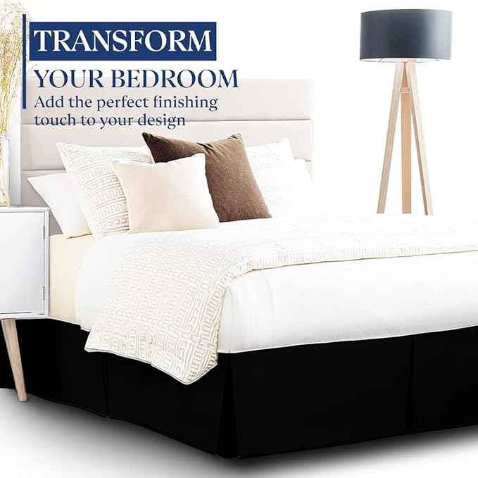 SKY BEDDINGS Luxury Pleated Queen Bed Skirt with Split Corners - 16 Inch Tailored Drop - Pleated Dust Ruffle - Wrinkle-Free 100% Microfiber - Easy Fit, Soft & Durable - Black