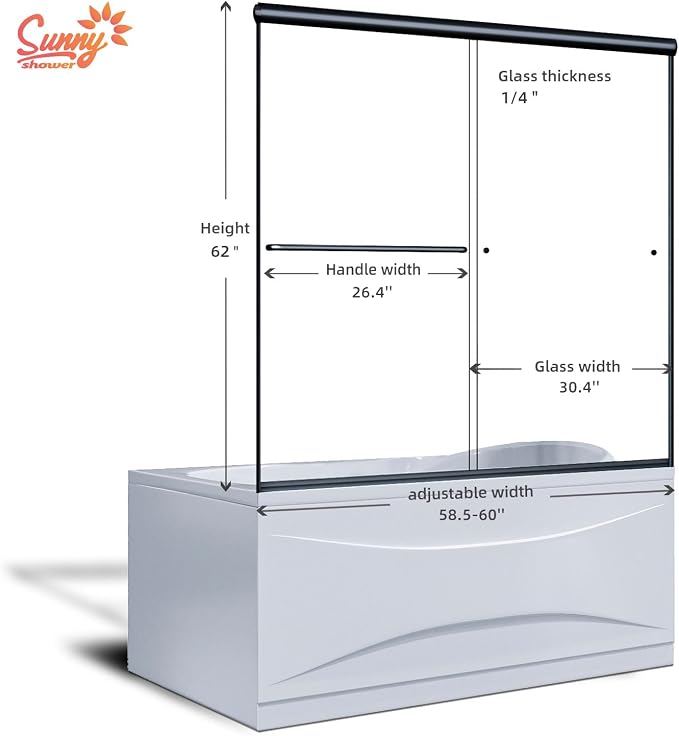 SUNNY SHOWER Bathtub Shower Door Glass Sliding Tub Door Semi-Frameless 1/4" - Image 3