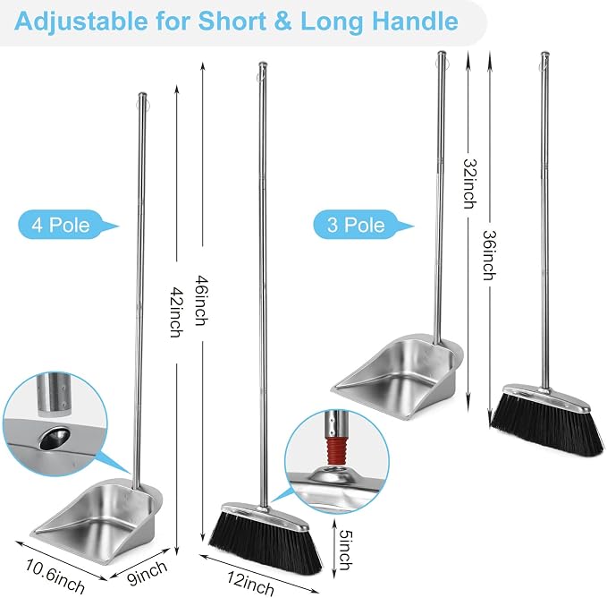 VOOWO Heavy Duty Broom and Dust pan Set, Stainless Steel Broom and Dustpan Set - Image 2