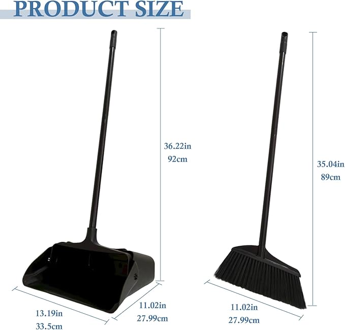 Broom and Dustpan Set with Long Handle and Wheels, Upright Standing Heavy Duty - Image 2