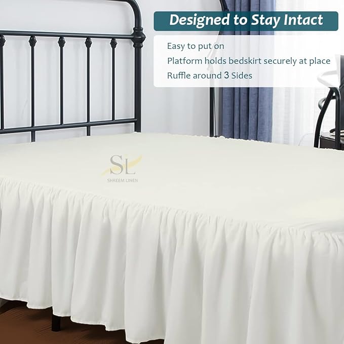 Shreem Linen Ruffled Bed Skirt with Split Corners, Gathered Style, 100% Microfiber, 10-Inch Drop, Dust Ruffle Bedskirt with Platform, Full, Ivory