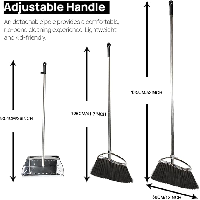 Indoor Broom and Dustpan Comb Set, Heavy Duty Stainless Steel Metal Dust Pan - Image 2