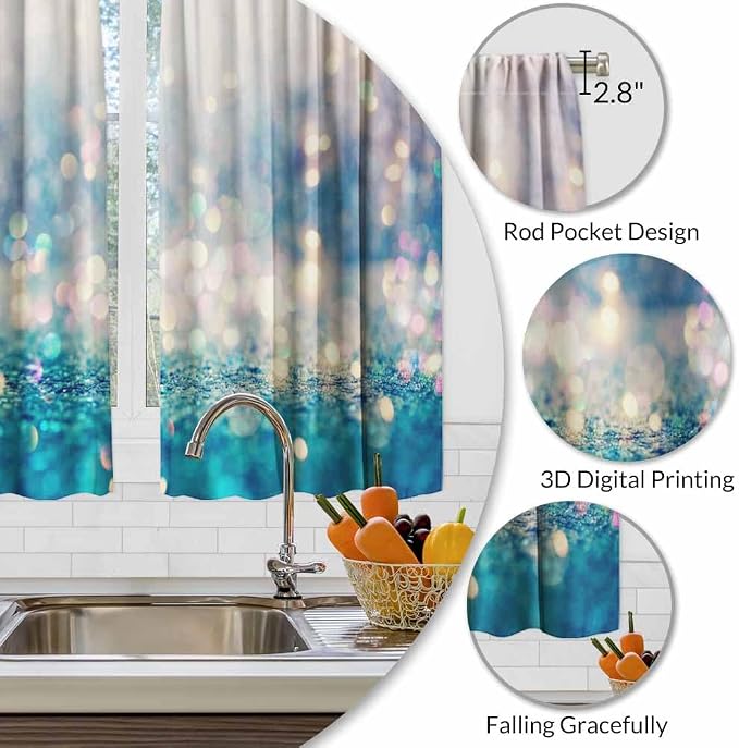 Blue Glitter Pattern Kitchen Curtains Beautiful Abstract Shiny Light Blur Bokeh - Image 3