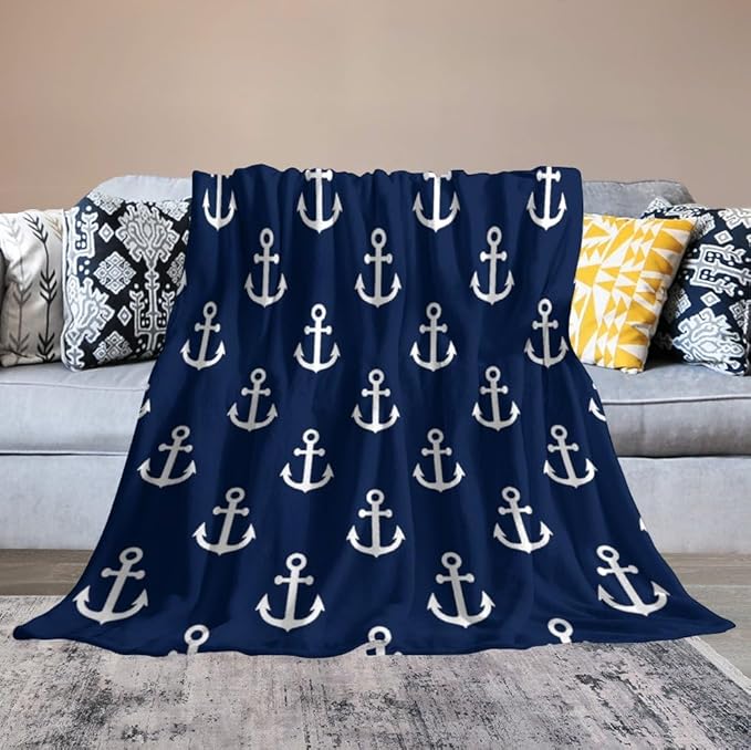 Anchor Blanket Vintage Rustic Ocean Nautical Style Navy Blue White Soft Cozy Lightweight Throw Blanket for Kids Girls Boys Women Men Bedroom Living Room Dorm Chair Sofa Travel 50x60in