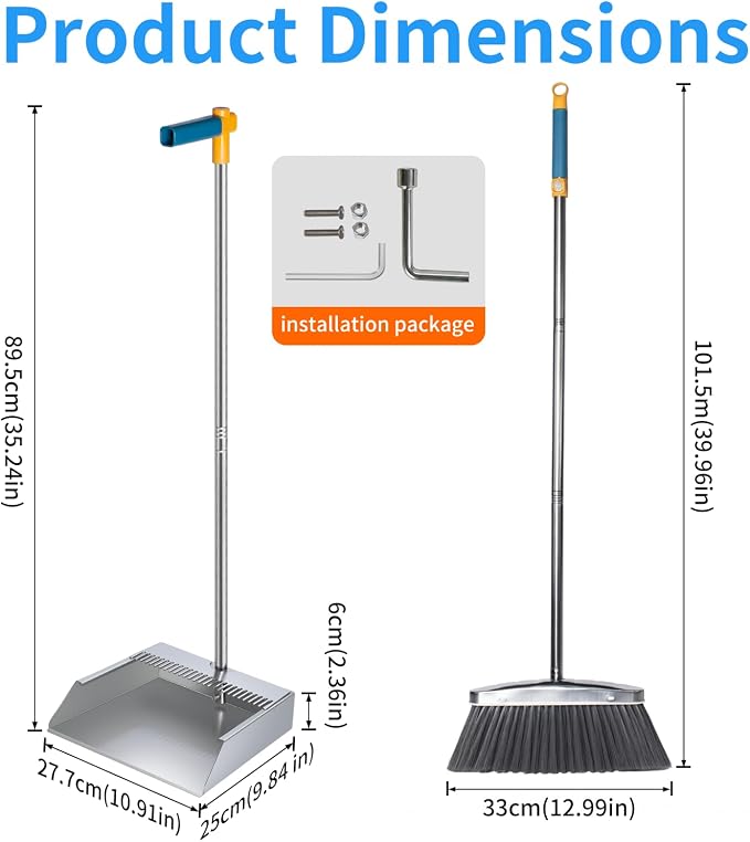 Metal Dustpan with Broom Combo Set, Heavy Duty 304 Stainless Steel 1mm Thick - Image 2
