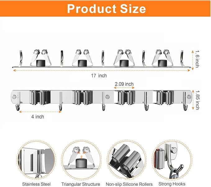 2 Pack Mop and Broom Holder Wall Mount, Non-slip Broom Hanger Wall Mount - Image 5