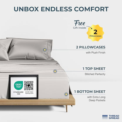 THREAD SPREAD 100% Egyptian Cotton Sheets California King Size - 1500 Thread Count 4 PC Cal King Sheets Egyptian Cotton, Cooling Sateen Sheet, High Thread Count Sheet California King - Light Grey