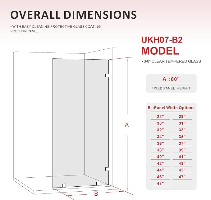 39" W ×80" H Shower Glass Panel, Frameless Fixed Glass Shower Panel - Image 2