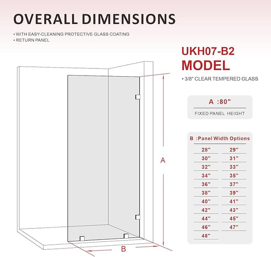 37" W ×80" H Shower Glass Panel, Frameless Fixed Glass Shower Panel - Image 2