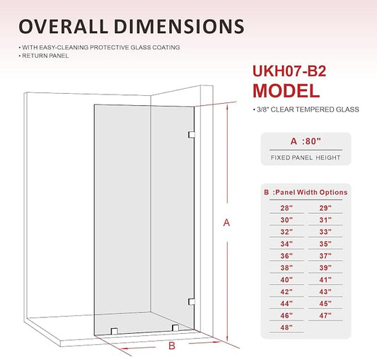 29" W ×80" H Shower Glass Panel, Frameless Fixed Glass Shower Panel - Image 2