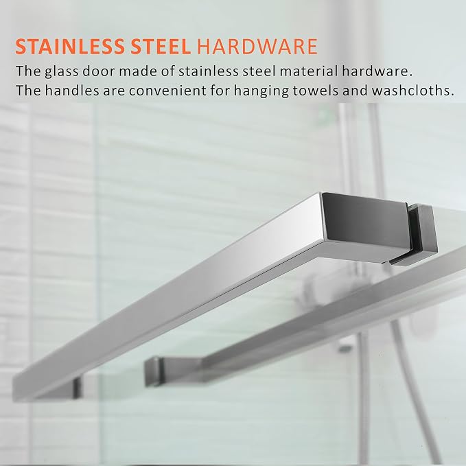 Brushed Nickel Double Sliding Glass Shower Door 56-60 Inch x 76 Inch, Frameless - Image 6
