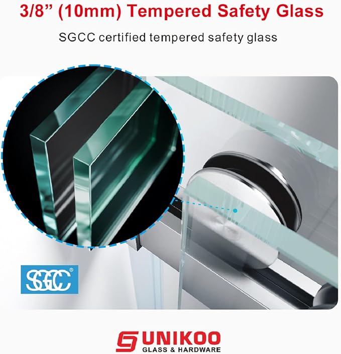 61-65 Inch x 80 Inch Sliding Frameless Shower Door, 3/8" Tempered Glass - Image 5