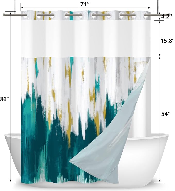 No Hook Shower Curtain with Snap in Liner, Hotel Style Blue White Mix Gold - Image 6