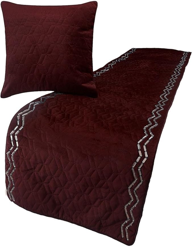 The HomeCentric King Queen Twin Deep Wine Handmade Full 68"x18" Bed Runner with Pillow Cover, Quilted & Crystals Bed Scarf on Velvet Fabric - Diamond Symphony