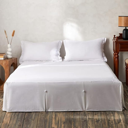 BISELINA French Linen Bed Skirt Split Corner with Button 14-Inch Tailored Drop Natural Flax Cotton Blend Basic Dust Ruffle Soft Cozy (14" Queen,Button White)