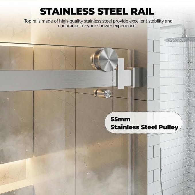 Frameless Shower Door, Adjustable 56"-60" Width x 76" Height, 6mm Clear - Image 4