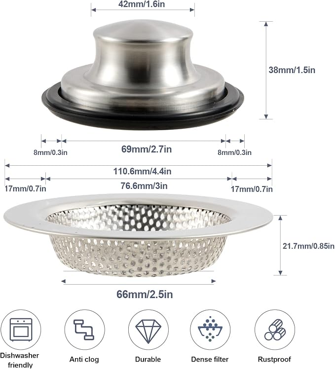 RQYEKDO Polished Kitchen Sink Strainers Sink Stopper Kits, Stainless Steel Sink - Image 6
