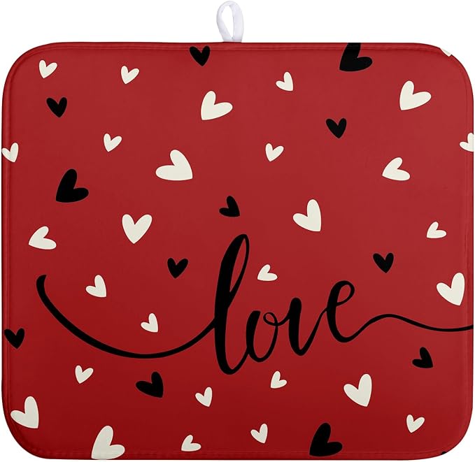 Valentine Dish Drying Mat for Kitchen Counter Valentines Day Red Black Love by Wnoesat