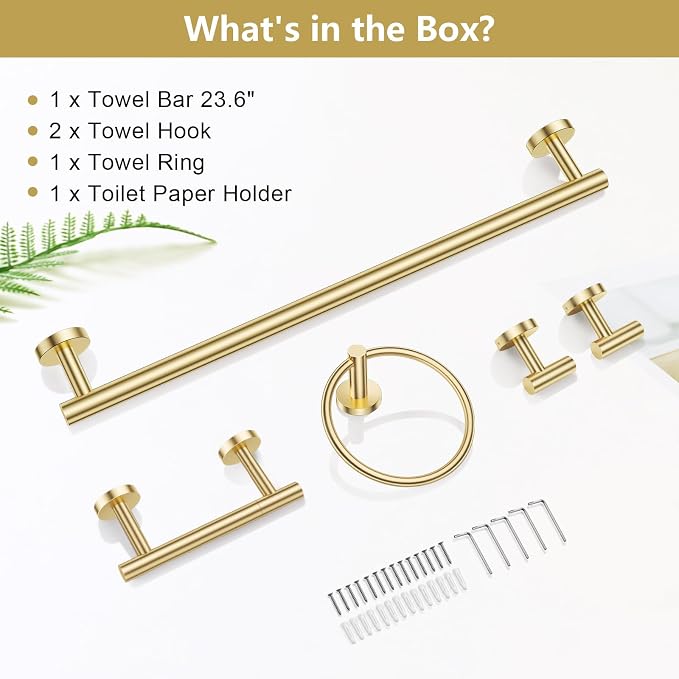 TQKAG Brushed Gold 5 Piece Bathroom Hardware Accessories Set 23.6" SUS304 - Image 8