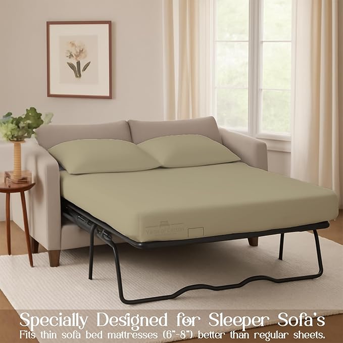 Sleeper Sofa 4 Piece Bed Sheet Set Premium Quality 100% Cotton 500 Thread Count, Smooth & Super Soft Sateen Weave, Extra Soft Bed Sheets, Wrinkle Free, 6 Inch Deep Pocket (Full, Beige)