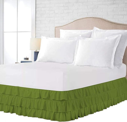 Multi-Ruffle Bed Skirt, Soft Multi Elastic Dust Ruffles with Wrap Around Bed Skirt Easy Fit with 18 Inch Drop 100% Cotton 800 Thread Count (Twin, Olive)