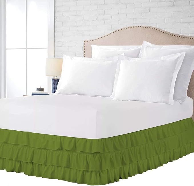 Multi-Ruffle Bed Skirt, Soft Multi Elastic Dust Ruffles with Wrap Around Bed Skirt Easy Fit with 18 Inch Drop 100% Cotton 800 Thread Count (Twin, Olive)