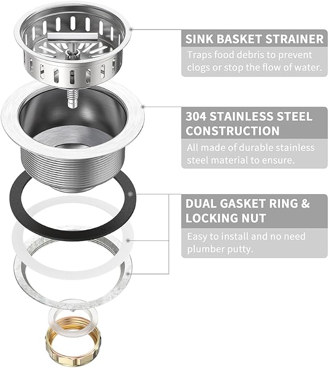 KONE Kitchen Sink Drain Sink Strainer 3-1/2 Inch Drain Assembly Kit Replacement - Image 5