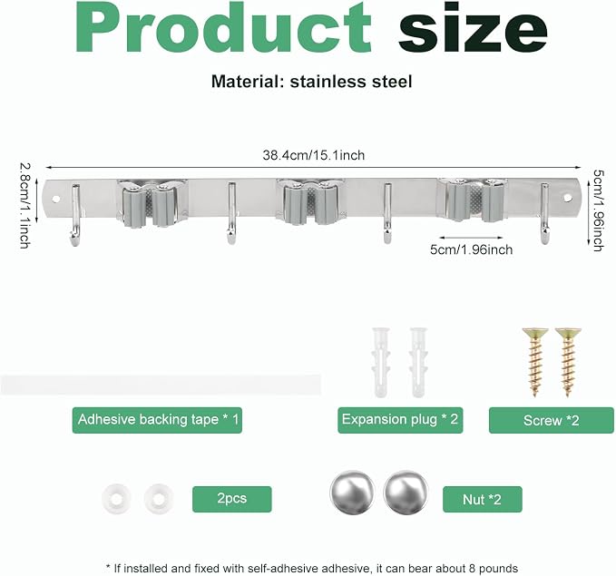 2 Pack Broom Holder Wall Mount 3 Racks 4 Hooks Stainless Steel Broom Mop Holder - Image 2