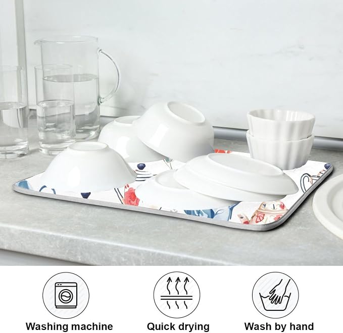 Watercolor Tea Cups Teapots Dish Drying Mat - Image 7