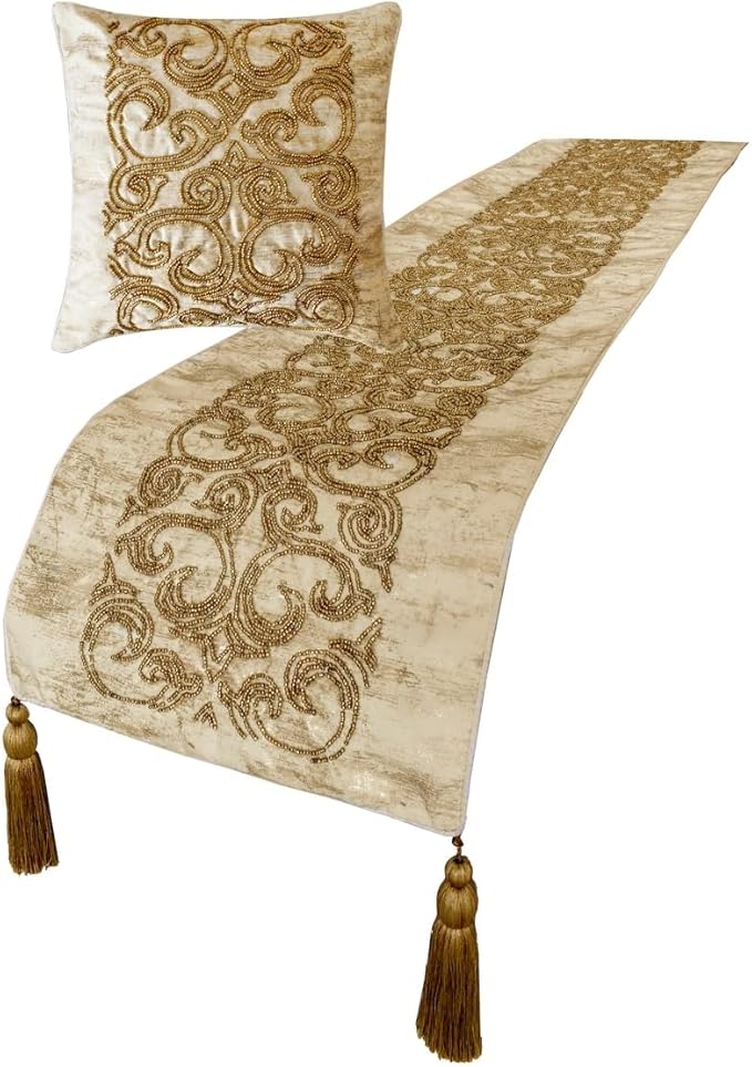 The HomeCentric King/Queen/Twin Gold Designer Twin 53"x18" Bed Runner with 2 Pillow Cover, Foil & Hand Beaded Embroidery Bed Scarf on Jacquard Fabric - Ornamento Oro