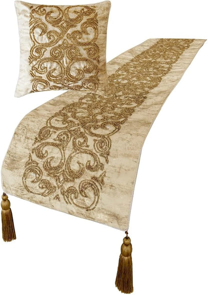 The HomeCentric King/Queen/Twin Gold Designer Twin 53"x18" Bed Runner with 2 Pillow Cover, Foil & Hand Beaded Embroidery Bed Scarf on Jacquard Fabric - Ornamento Oro
