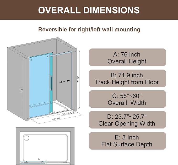 Luxury Soft-Closed Frameless Sliding Shower Door, 58–60” W x 76” H, 3/8" - Image 5