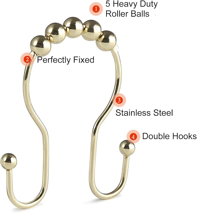 Goowin Shower Curtain Hooks, Stainless Steel Gold Shower Curtain Hooks - Image 4