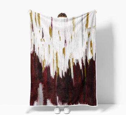 Abstract Ombre Throw Blankets, Modren Chic Art Oil Painting Cozy Warm Bed Couch Blanket, Burgundy Gold White Fleece Flannel Throws to Decorate The Room and Bedroom