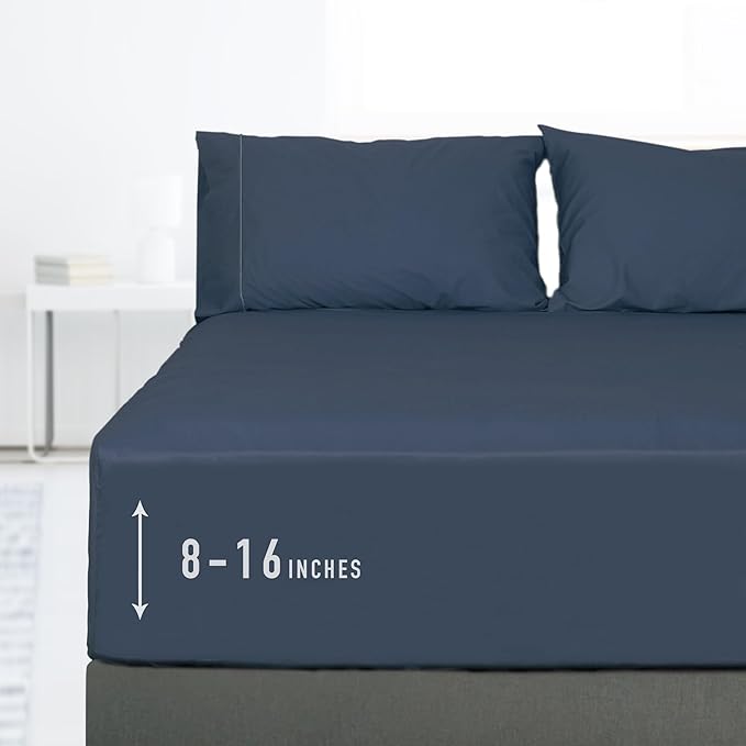 Sunflower California King Fitted Sheet, 1-Piece Deep Pocket Fitted Bottom Sheet 16", 100% Cotton Sateen Soft Breathable, Blue Indigo