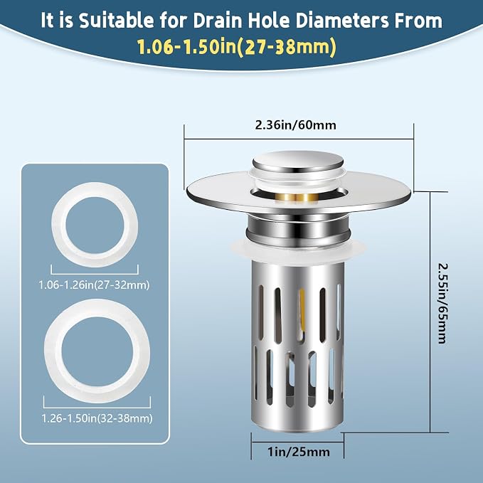 2 Pack Bathroom Sink Stopper for 1.06-1.50in, Universal Bathroom Sink Drain Pop - Image 3