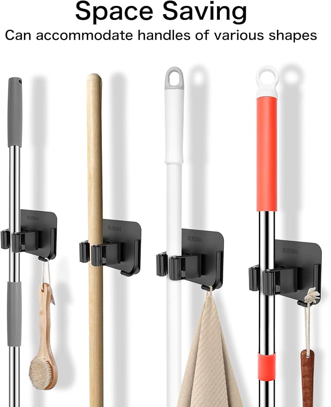 nacena 4 Pack No Drill Self Adhesive Broom Mop Holder Wall Mount - Image 7