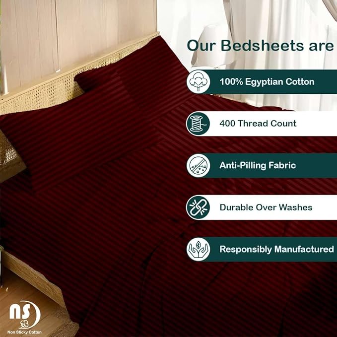 NON Sticky cotton Queen Size Sleeper Sofa Sheets, 4 Piece Egyptian Cotton Bed Sheet Set for Sofa Bed, 8" Deep Pocket for Pull Out Couch Mattress, 60" x 75", Burgundy Stripe, Soft & Breathable
