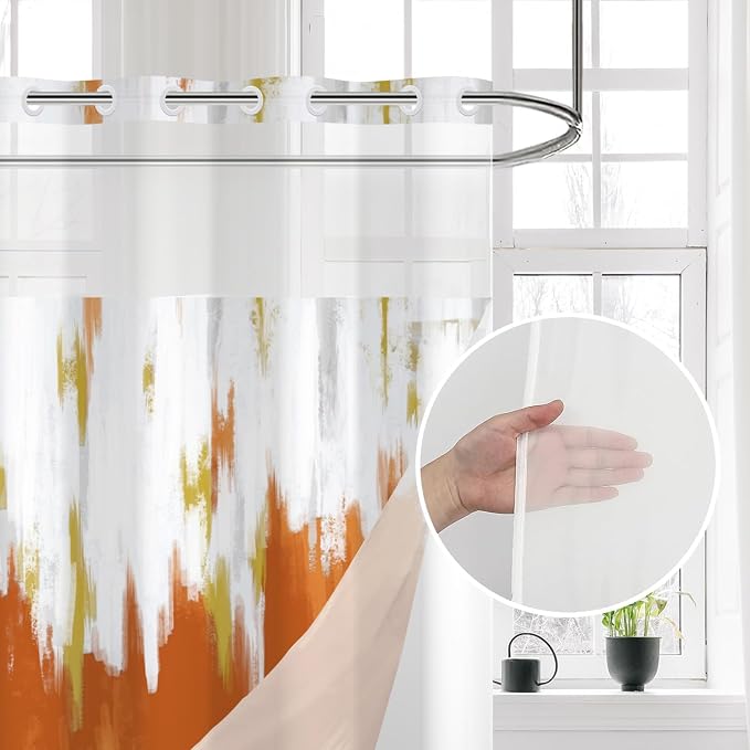 No Hook Shower Curtain with Snap in Liner, Hotel Style Burnt Orange White Gold - Image 3
