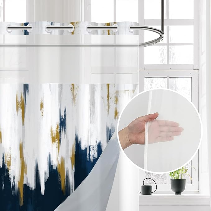 No Hook Shower Curtain with Snap in Liner, Hotel Style Navy Blue White Gold - Image 3