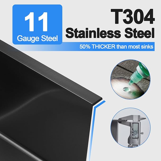 25x18x9 Inch Drop in Kitchen Sink, Handmade 304 Black Stainless Steel Single - Image 5