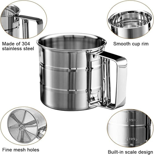 Silver Flour Sifter Baking Tool Set, DLAND Stainless Steel 4-Piece Kit - Image 2