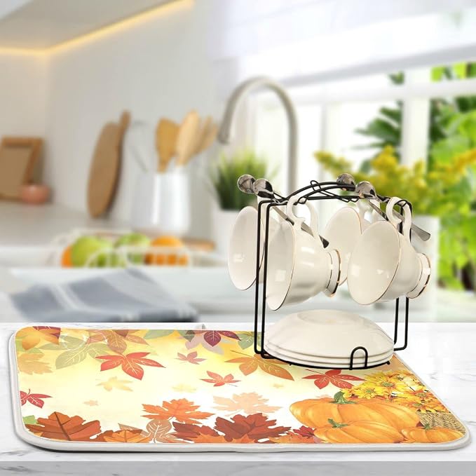 Autumn Fall Dish Drying Mat for Kitchen Counter Pumpkin Maple Leaves Drying Mat - Image 7