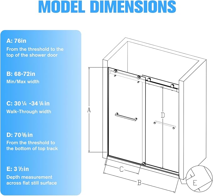 68-72" W x 76" H Frameless Double Sliding Shower Door w/Soft-Close, Bathroom - Image 2