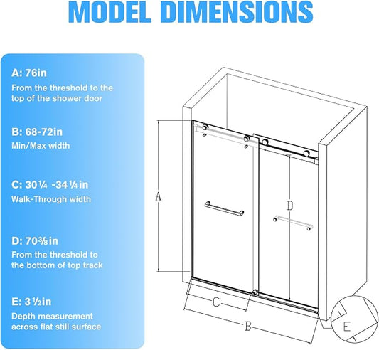 68-72" W x 76" H Frameless Double Sliding Shower Door w/Soft-Close, Bathroom - Image 2