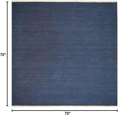Rugsotic Carpets Hand Woven Flat Weave Kilim Wool ECO-Friendly Area Rugs - 6'x6', Square Shape, Blue Color, Solid Plain Design, Low Pile Handmade Area Rugs for Living Room, Bed Room (D00111)