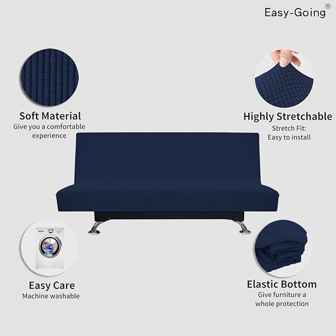 Easy-Going Stretch Futon Slipcover Armless Futon Bed Cover Furniture Protector Without Armrests with Elastic Bottom for Kids, Soft Jacquard Fabric Small Checks (Large, Navy)