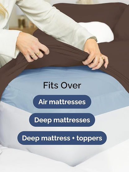 Extra Deep Queen Fitted Sheet - Hotel Luxury Single Fitted Sheet Only - Easily Fits 18 inch to 24 inch Mattress - Ultra Soft, Wrinkle Free w/Extra Deep Pockets - Easy-Care, Breathable & Comfy - Brown