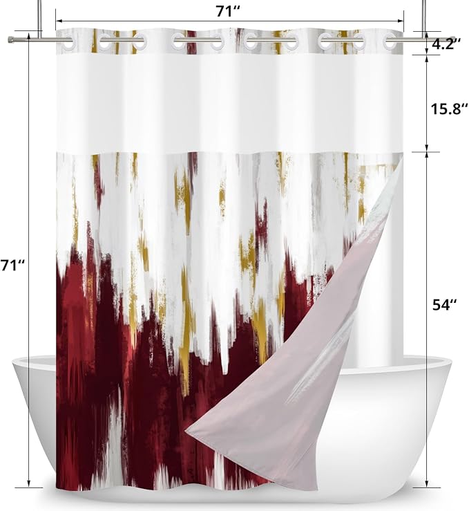 No Hook Shower Curtain with Snap in Liner, Hotel Style Burgundy Red White Gold - Image 6