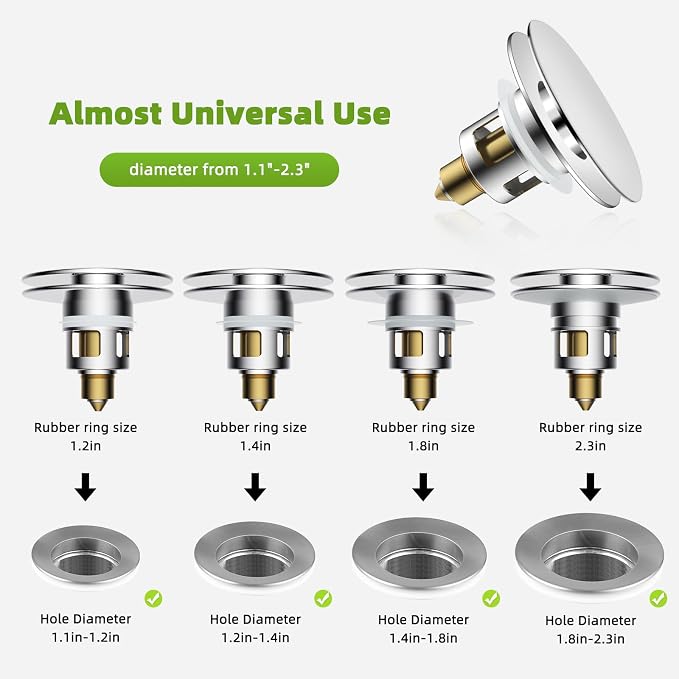 Universal 2PCS Bathroom Sink Stopper 2 in 1 Pop Up Metal Sink Drain Strainer - Image 2
